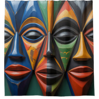 African Tribal  Masks Trio Dynamic Symmetry シャワーカーテン