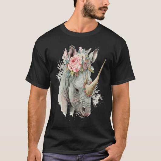African Watercolor Rhinozeros Flower Crown Safari  Tシャツ (正面)