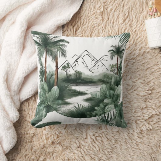 Afrikanische Flusslandschaft mit Bergen, Auqarell クッション (ブランケット)