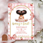 afro african Girl Pink Bow strawberry berry first  招待状<br><div class="desc">African Girl Pink Bow Strawberry Birthday invitation,  Afro Berry First Birthday Invite,  Editable Kids First Birthday Party</div>