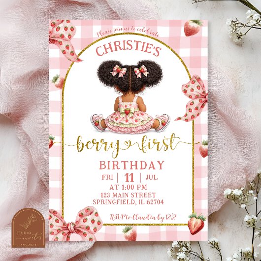 afro african Girl Pink Bow strawberry berry first  招待状