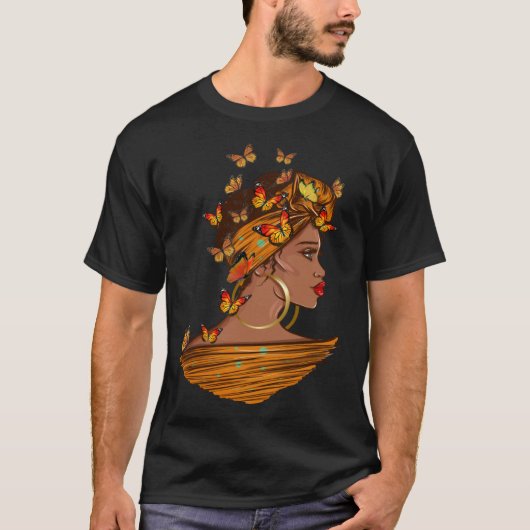 Afro African Woman Butterflies Black Queen History Tシャツ (正面)