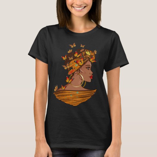 Afro African Woman Butterflies Black Queen History Tシャツ (正面)