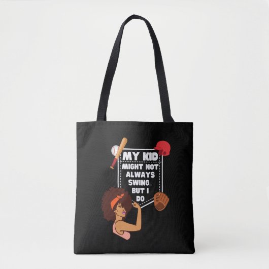 Afro Baseballママ私の子供はいつもスイングしないかもしれない トートバッグ (正面)