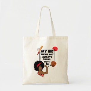 Afro Baseballママ私の子供はいつもスイングしないかもしれない トートバッグ