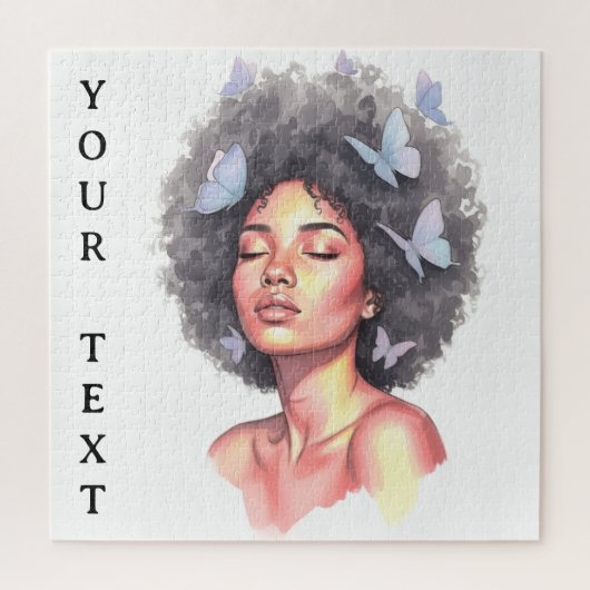Afro Beauty with Butterflies – Watercolor Portrait ジグソーパズル (縦)