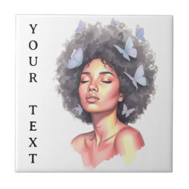Afro Beauty with Butterflies – Watercolor Portrait タイル