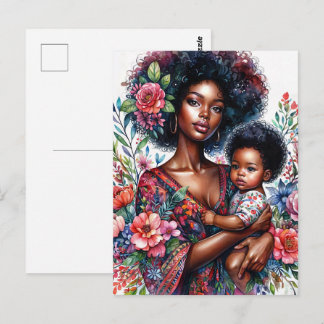 Afro Black Mother and Baby Floral Watercolor ポストカード