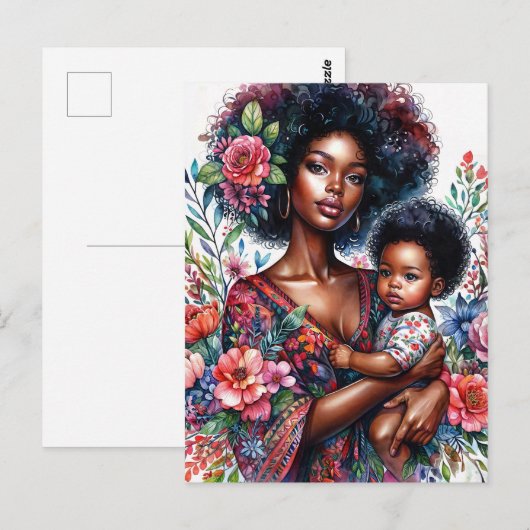 Afro Black Mother and Baby Floral Watercolor ポストカード (正面/裏面)