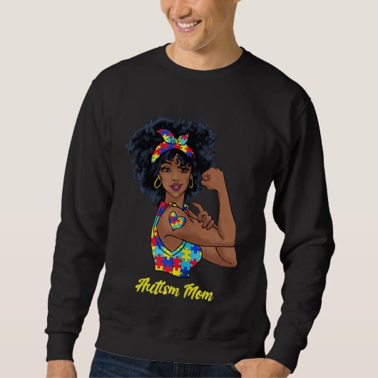 Afro Black Woman Autism Mom Awareness Tattoo Jigsa スウェットシャツ (正面)