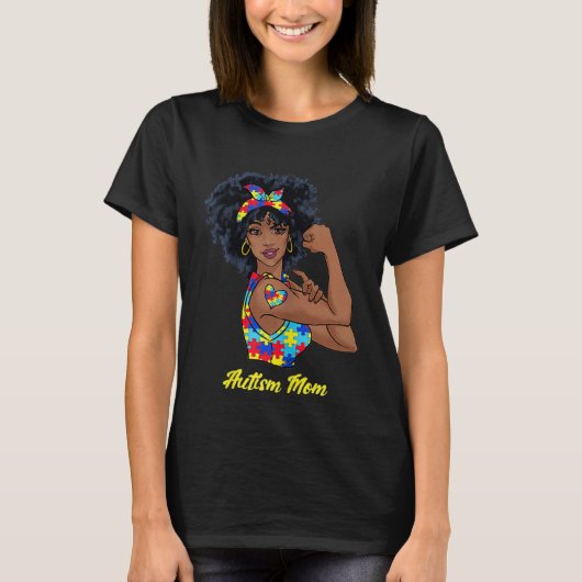 Afro Black Woman Autism Mom Awareness Tattoo Jigsa Tシャツ (正面)