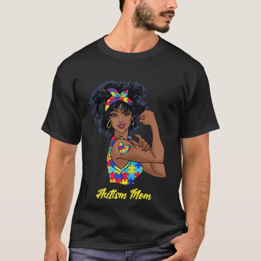 Afro Black Woman Autism Mom Awareness Tattoo Jigsa Tシャツ (正面)