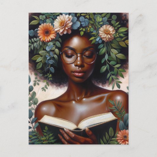 Afro Botanical Woman Reading Book ポストカード (正面)