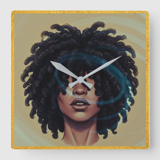Afro Glow Wall Clock – Modern Black Art スクエア壁時計 (正面)