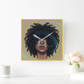 Afro Glow Wall Clock – Modern Black Art スクエア壁時計 (ホーム)