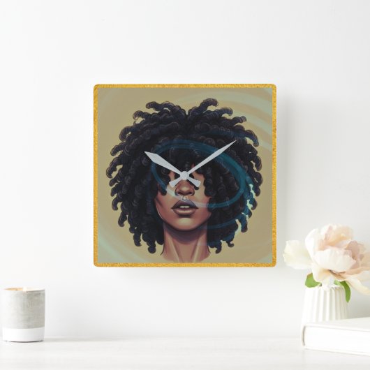 Afro Glow Wall Clock – Modern Black Art スクエア壁時計 (ホーム)