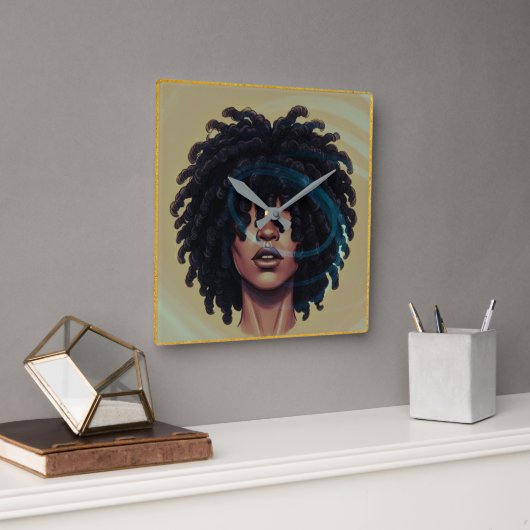 Afro Glow Wall Clock – Modern Black Art スクエア壁時計 (オフィス)