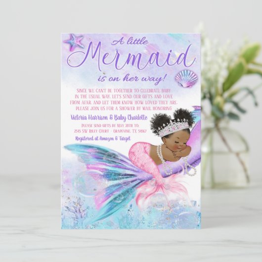 Afro Mermaid Long Distance Baby Shower by Mail 招待状 (スタンド正面)