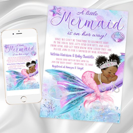 Afro Mermaid Long Distance Baby Shower by Mail 招待状