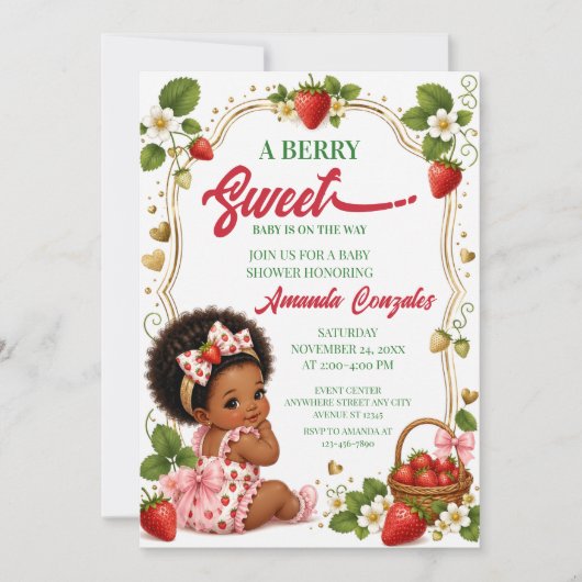 Afro Strawberry Baby Shower Invitation,Berry Sweet 招待状 (正面)