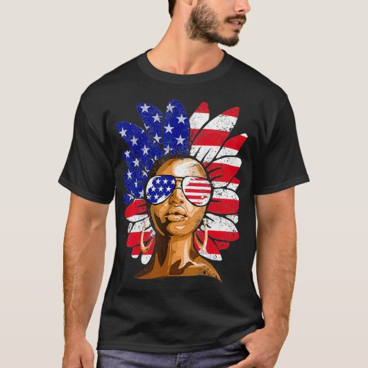 Afro Sunflowerアフリカ系アメリカ人7月4日メラニ Tシャツ (正面)