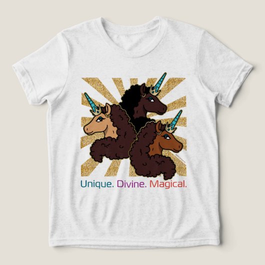 Afro Unicorn Trio: ユニーク、Divine、Magical トライブレンドＴシャツ (デザイン正面)