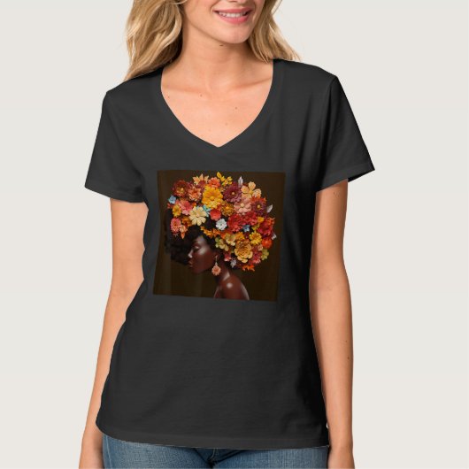 Afro Woman Floral Black Queen Puff Melanin Magic F Tシャツ (正面)