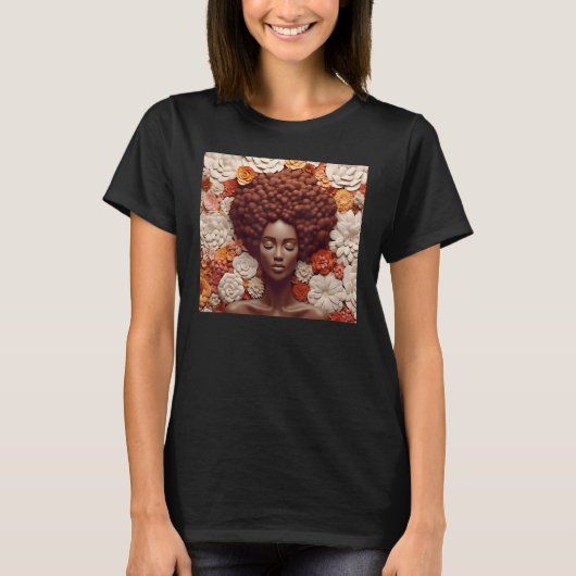 Afro Woman Floral Black Queen Puff Melanin Orange  Tシャツ (正面)