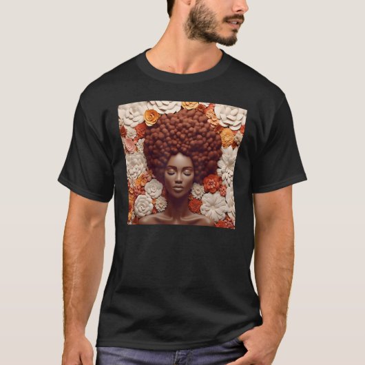 Afro Woman Floral Black Queen Puff Melanin Orange Tシャツ (正面)