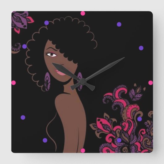 Afrocentric美しいウォールクロック スクエア壁時計 (正面)