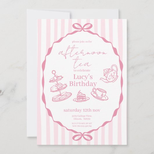 Afternoon Tea Birthday | Pink Tea Party 招待状 (正面)