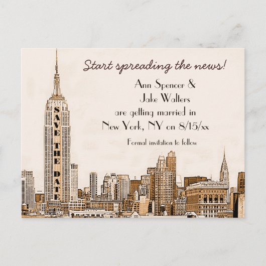 AG - NYC Skyline Etched 01 Save the Date 案内ポストカード (正面)