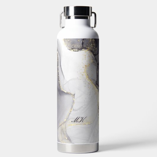Agateグレーと黒の大理石の名前をカスタムする文字 ウォーターボトル (正面)