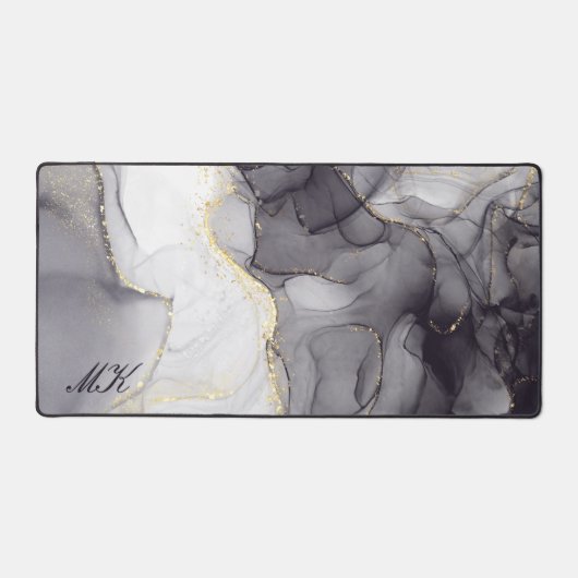 Agateグレーと黒の大理石の名前をカスタムする文字 デスクマット (正面)