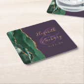 Agateスクリプトエメラルドグリーン金ゴールドパープル結婚ズ スクエアペーパーコースター (アングル)