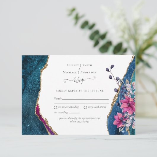 AgateピンクパープルフローラRSVP結婚のカードスモール 招待状 (スタンド正面)