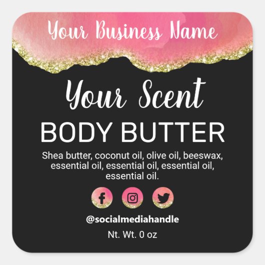 Agateブラックピンク金ゴールドグリッタートリム製品ラベル スクエアシール (正面)