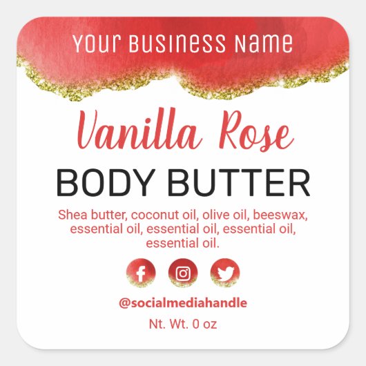 Agate金ゴールドグリッター赤い白の製品ラベル スクエアシール (正面)