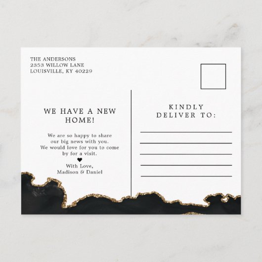 Agate黒と金ゴールド大理石の移動発表 案内ポストカード (裏面)