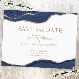 Agate エレガント Save the Date Navy Blue金ゴールドグリッター ポストカード