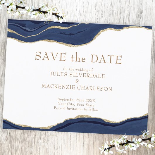 Agate エレガント Save the Date Navy Blue金ゴールドグリッター ポストカード