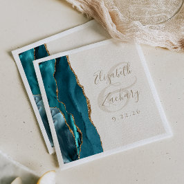 agate+ジオード+スクリプト+ターコイズ+ゴールド+象牙色+結婚式 スタンダードカクテルナプキン