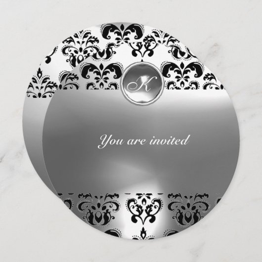 agate ダマスク ジェム ストーン モノグラム 黒 白 招待状 (正面/裏面)