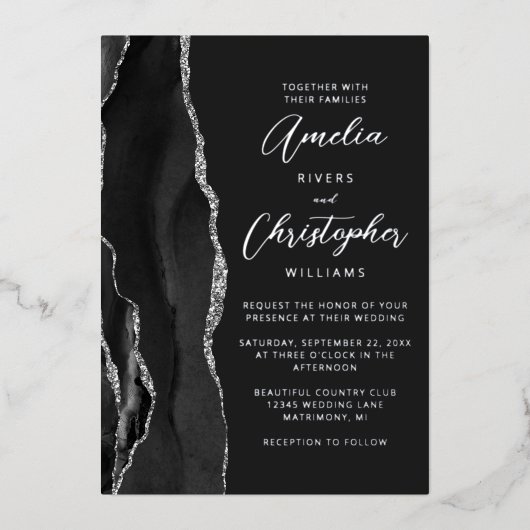 Agate Black Silver Script Dark Wedding 箔招待状 (正面)