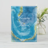Agate Blue Hand Waterカラーフェイク金ゴールド結婚 招待状 (スタンド正面)