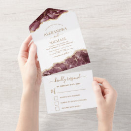 Agate Burgundy金ゴールド結婚のエレガントRSVPモダン オールインワン招待状