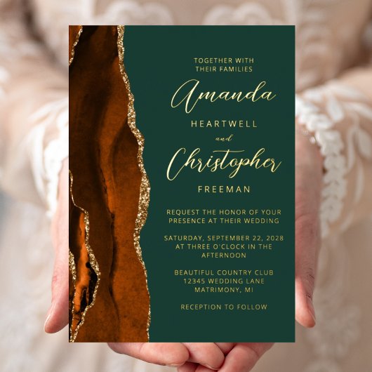 Agate Burnt Orange金ゴールドスクリプトグリーン結婚ズ 箔招待状