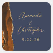 Agate Burnt Orange金ゴールドスクリプトNavy 結婚 Blue's スクエアシール (正面)