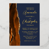 Agate Burnt Orange金ゴールドスクリプトNavy 結婚 Blue's 箔招待状 (正面)