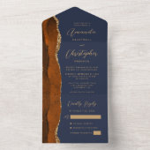 Agate Burnt Orange金ゴールドスクリプトNavy Blue オールインワン招待状 (内側)
